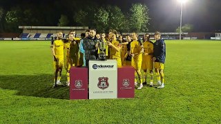 Needham Market celebrate a fourth straight Suffolk Premier Cup success after victory over Felixstowe & Walton United at Bury Town FC