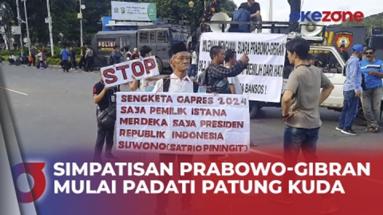 Simpatisan Prabowo-Gibran Mulai Padati Patung Kuda Bawa Puluhan Spanduk Dukungan