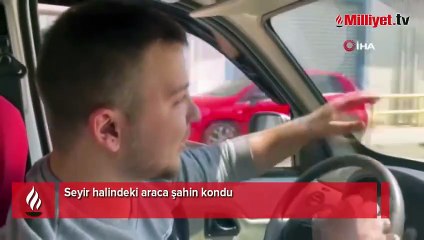 Seyir halindeki araca şahin kondu