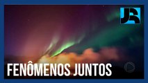 Aurora boreal se forma atrás de erupção vulcânica na Islândia