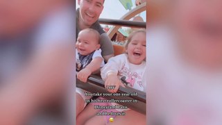 Baby laughs uncontrollably on his first roller coaster ride
