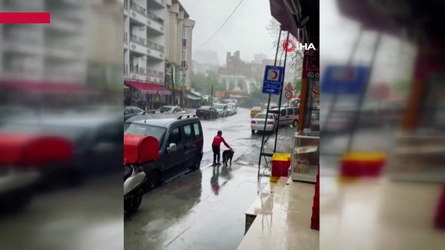 Küçük çocuk yağmurda ıslanan köpeği korudu