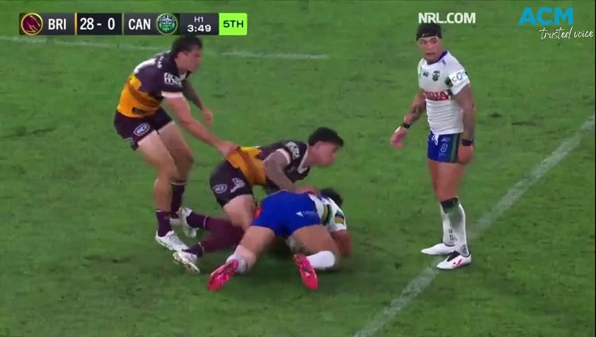 The moment Raiders halfback Jamal Fogarty injures his biceps muscle while tackling Broncos winger Corey Oates. Footage: NRL.com