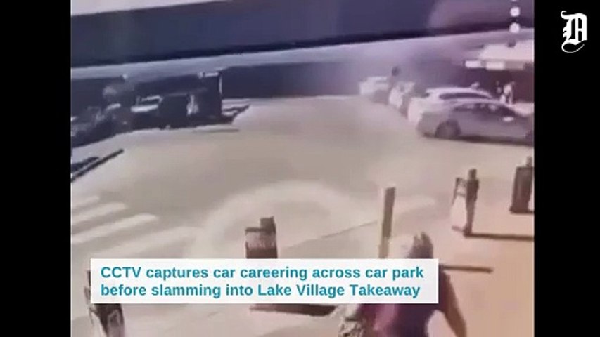 CCTV has captured the moment a car careers across a shopping centre car park before slamming into Lake Village Takeaway in Wagga.