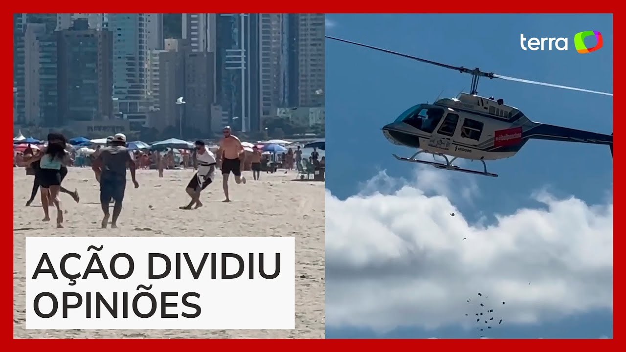 Helicóptero faz ‘chover’ dinheiro em praia de Santa Catarina