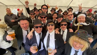 Hartlepool United fans dress as the Blues Brothers at Dorking on April 20