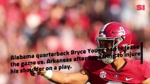 Alabama quarterback Bryce Young had to leave the game vs  Arkansas after appearing to inju (1)