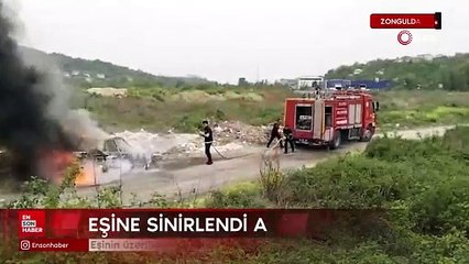 Zonguldak'ta eşine sinirlendi aracı ateşe verdi