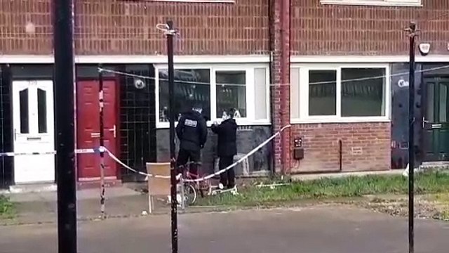 WATCH: Police officers point to bulletholes in windows of flats in Sheffield after reported shooting