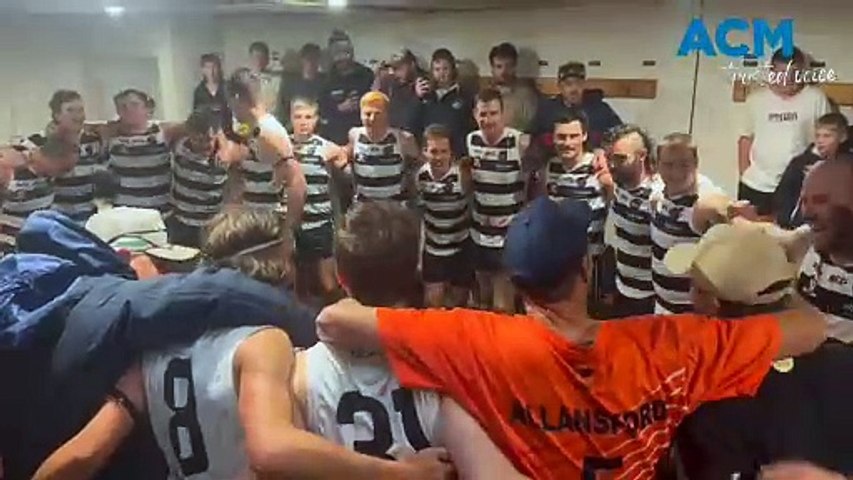Allansford players sing the team song after their narrow victory against Merrivale in round four of the Warrnambool and District league season.
