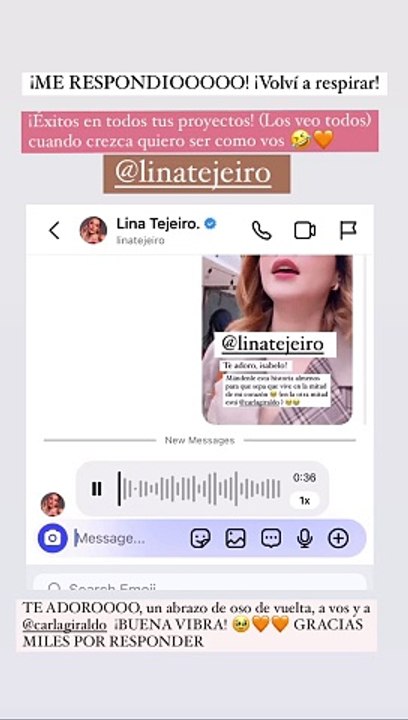 Jennifer Aplicano recibe mensaje de la actriz colombiana Lina Tejeiro