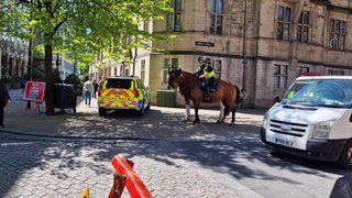 Watch as mounted police officers control their horses while on patrol at the World Snooker in Sheffield.