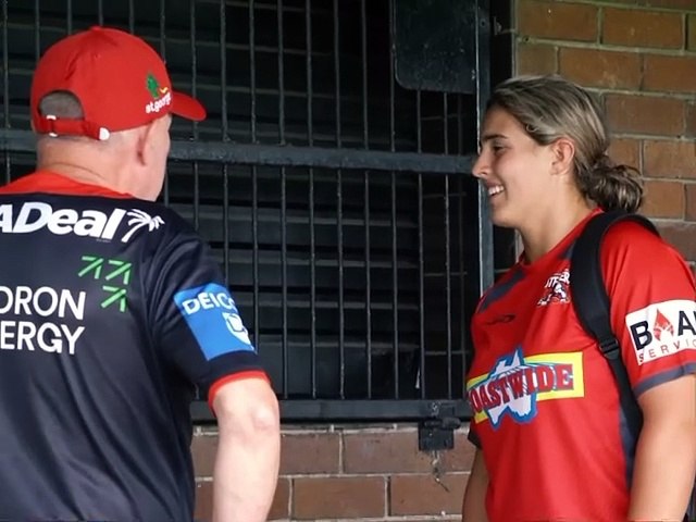 Dragons NRLW coach Jamie Soward informs Bronte Wilson that she is now in line for a top-grade debut. Video: Dragons Media.