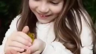 Little Bird Flies Away as Girl Pets Him