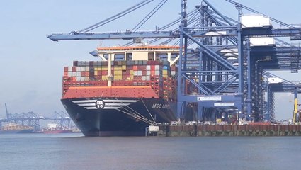 World’s largest cargo ship, capable of holding 24,300 containers, docks in UK