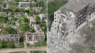 Devastation in Ukrainian city after relentless Russian artillery pounding captured in drone footage