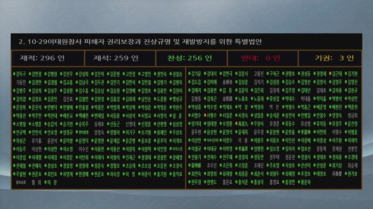 '이태원특별법' 국회 본회의 통과...찬성 256·반대 0·기권3 / YTN