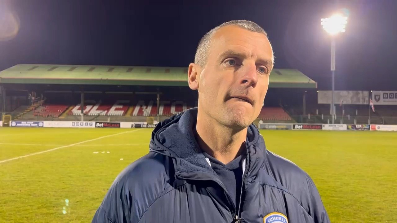 Oran Kearney reacts to Coleraine beating Glentoran in the European play-off semi-final