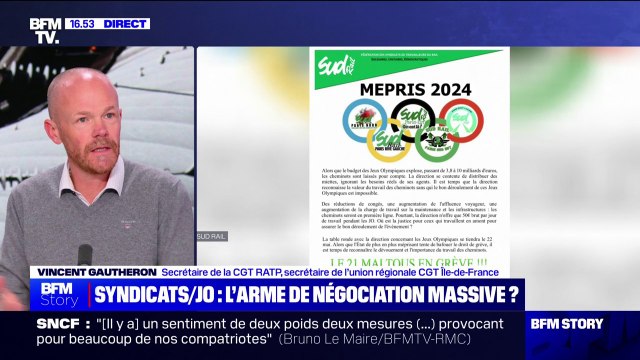 Vincent Gautheron (secrétaire de la CGT RATP) sur les préavis de grève pendant les JO: Avec les JO, on nous refait le coup du Covid, on rejoue cette sensibilité sur les premiers de cordée, ceux qui sont indispensables