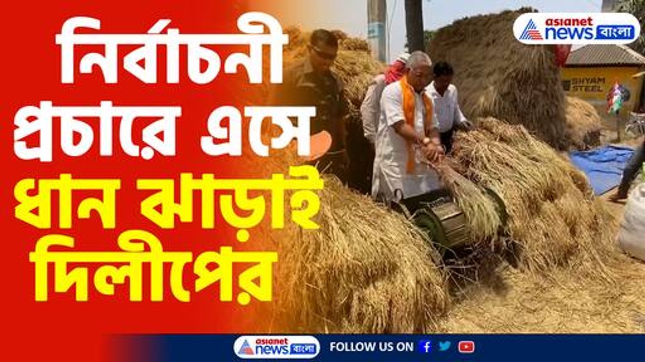 নির্বাচনী প্রচারে এসে ধান ঝাড়াই দিলীপের