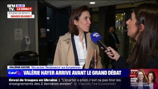 Valérie Hayer arrive dans les locaux de BFMTV pour débattre avec Jordan Bardella