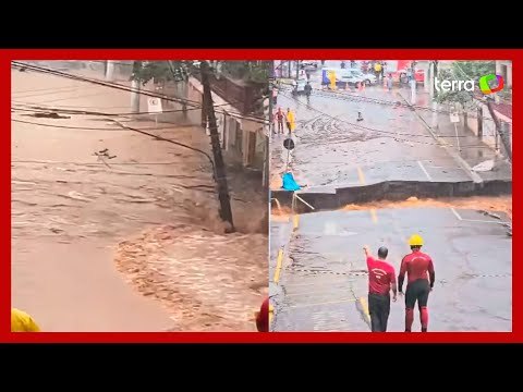 Chuva faz casa desabar, poste 'explodir' e abre cratera em cidade de Santa Catarina
