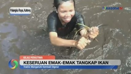 Keseruan Emak-Emak Tangkap Ikan dan Belut dalam Tradisi Mangaruhi