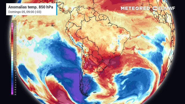Anomalia de temperatura em 850 hPa ajuda a realçar as massa de ar sobre o Brasil