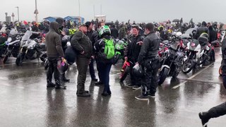 An extremely wet May Day Bike Run 2024 in Hastings, East Sussex, on May 6.