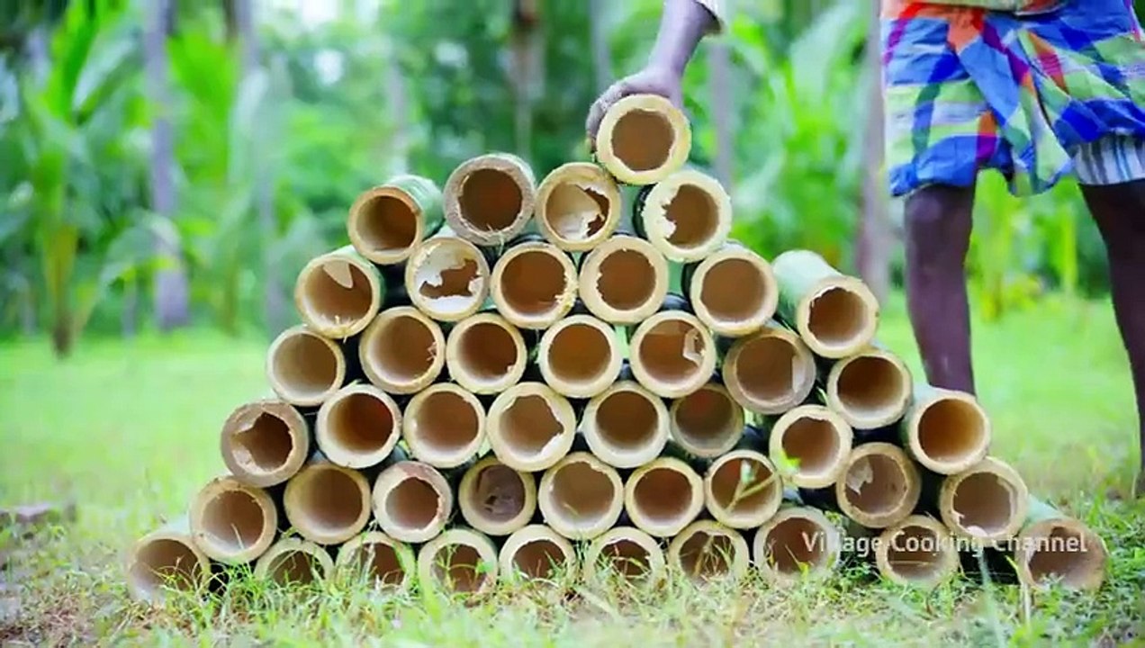 BAMBOO CHICKEN   Chicken Cooking in Bamboo   Direct Fired Bamboo Chicken Recipe Cooking in Village