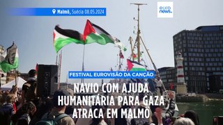 Navio com ajuda humanitária para Gaza em Malmö em protesto pela participação de Israel na Eurovisão