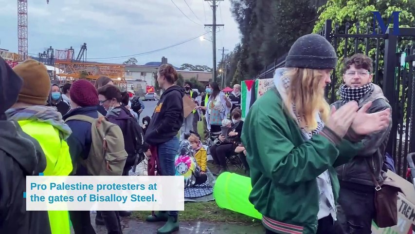 Pro Palestine protesters picketing the entry of Bisalloy Steel in Unanderra as they call for the company to end contracts associated with the production of weapons for Israel. Video by Sylvia Liber