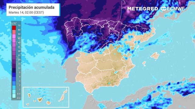Precipitación acumulada prevista para los próximos días por el modelo europeo.