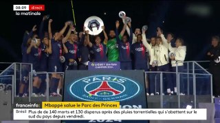 Le footballeur Kylian Mbappé a fait ses adieux hier soir au Parc des Princes lors de son dernier match dans l'enceinte sous les couleurs parisiennes contre Toulouse pour la 33e journée de Ligue 1 - Regardez