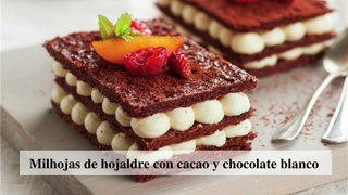 Milhojas de hojaldre casero con cacao y bolitas de chocolate blanco