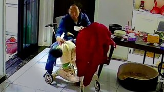 Dad shows quick reflexes to save daughter - as she tumbles out of stroller