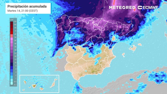Acumulado de precipitación previsto para los próximos días por el modelo europeo.