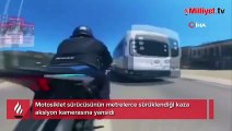 Motosiklet sürücüsünün metrelerce sürüklendiği kaza aksiyon kamerasına yansıdı