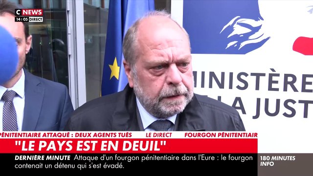 Revoir la prise de parole du ministre de la Justice Eric Dupond-Moretti, ému, après l’attaque d’un fourgon pénitentiaire dans l’Eure : Notre pays est en deuil - Regardez