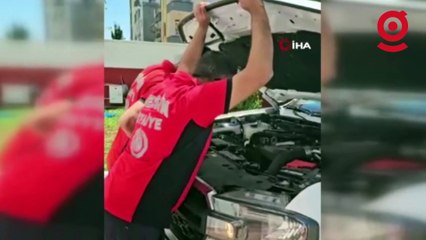 Mahsur kaldığı otomobilden güçlükle çıkarılan kedi itfaiye aracına girdi