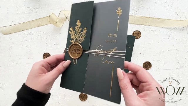 Acrylic Wedding Invitation with Gold Foil Print and Dark Green Folded Jacket  - YK2024DG