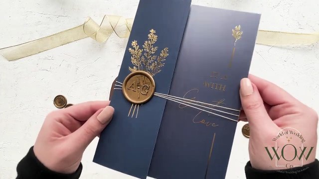 Acrylic Wedding Invitation with Gold Foil Print and Navy Blue Folded Jacket - YK2024NBG
