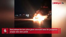 Sancaktepe'de ters yöne giren otomobil taksi ile çarpışınca araçlar alev alev yandı