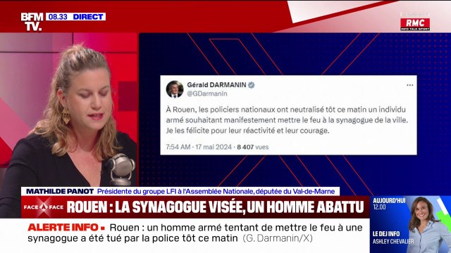 Synagogue visée à Rouen: Je suis horrifiée d'apprendre ce matin cette tentative d'acte antisémite , déclare Mathilde Panot, présidente du groupe LFI à l'Assemblée nationale