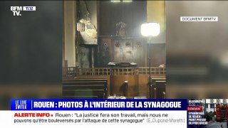 Les dégâts à l'intérieur de la synagogue de Rouen, partiellement brûlée