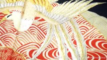 Folding Fans & Phoenix Tomesode - Vintage Silk Kurotomesode for Women - Black Kimono with Yellow, Red, & Gold Waves in Sensu