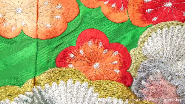 Green Kakeshita with Embroidered Plum Blossoms, Pine Trees, & Crane - Vintage Rinzu Silk with Woven Sayagata - Traditional Japanese Inner Wedding Kimono for Women