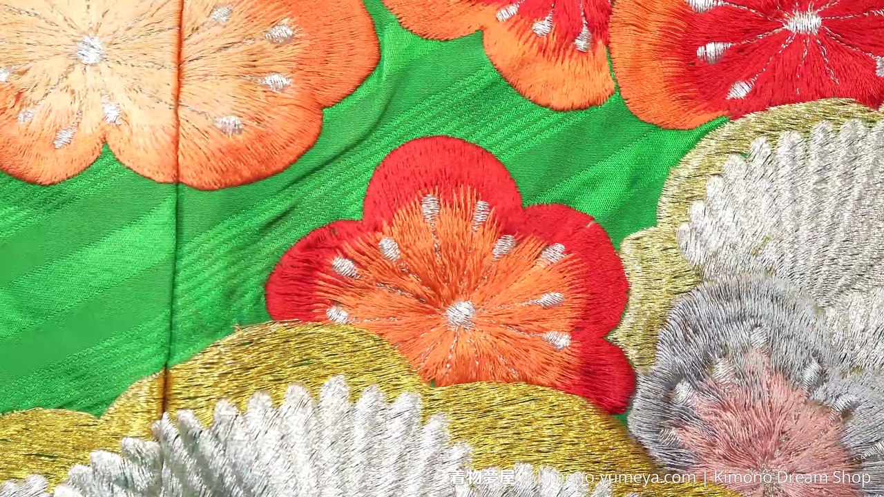 Green Kakeshita with Embroidered Plum Blossoms, Pine Trees, & Crane - Vintage Rinzu Silk with Woven Sayagata - Traditional Japanese Inner Wedding Kimono for Women