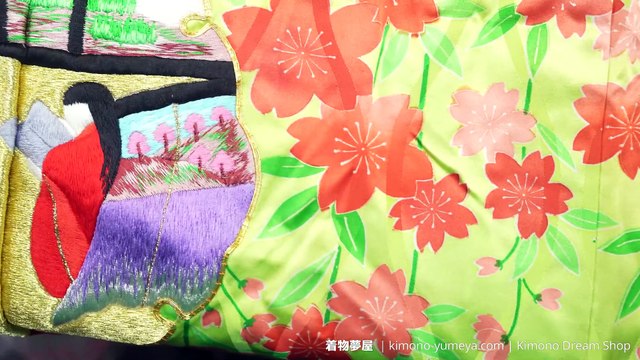 Light Green Kakeshita with Scenes of Ancient Japan in Snowflakes - Mountains, Cherry Blossoms, People - Vintage Silk Inner Wedding Kimono - Rising Steam Woven Into Rinzu Fabric