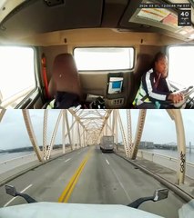 Un camion suspendu à un pont après avoir évité une voiture